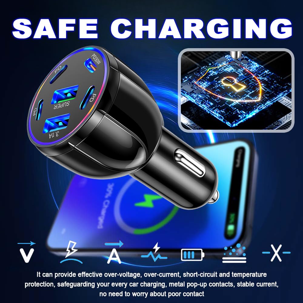 Cargador de coche de 6 puertos USB C y USB A, adaptador de cargador de coche ultrarrápido de 75 W con Super/PD30W/PD/3.1A, adaptador universal de 12V/24V para encendedor de coche, adaptador USB para