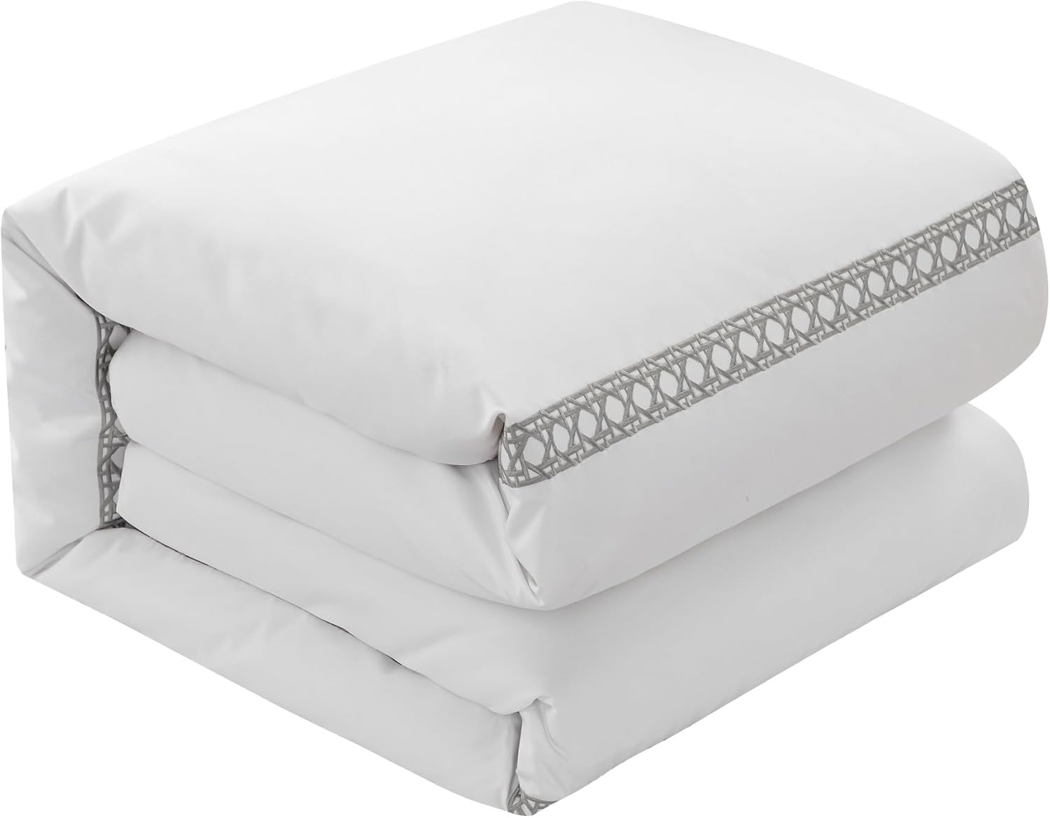Chic Home Lewiston 3 Piece Cotton Blend Duvet Cover 1500 Thread Count Set Solid White with Embroidered Lattice Stitching Details Bedding – Includes Two Pillow Shams, Queen, Grey