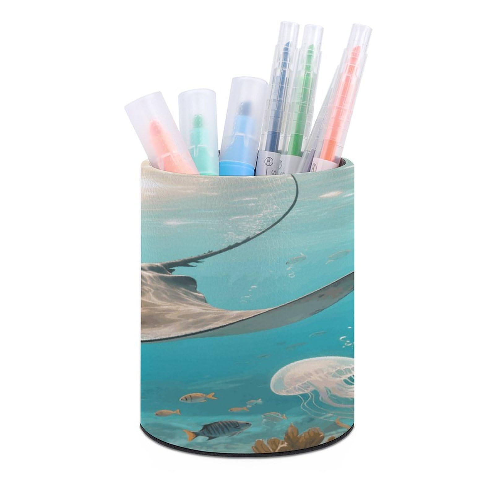 VstaDank Manta Ray Pen Holder Round Pencil Holder Cup Pen Container PU Leather Desk Organizer Stand Decor Brush Scissor Holders Decoration Office Desk Home (3.1 X 3.9 Inches)