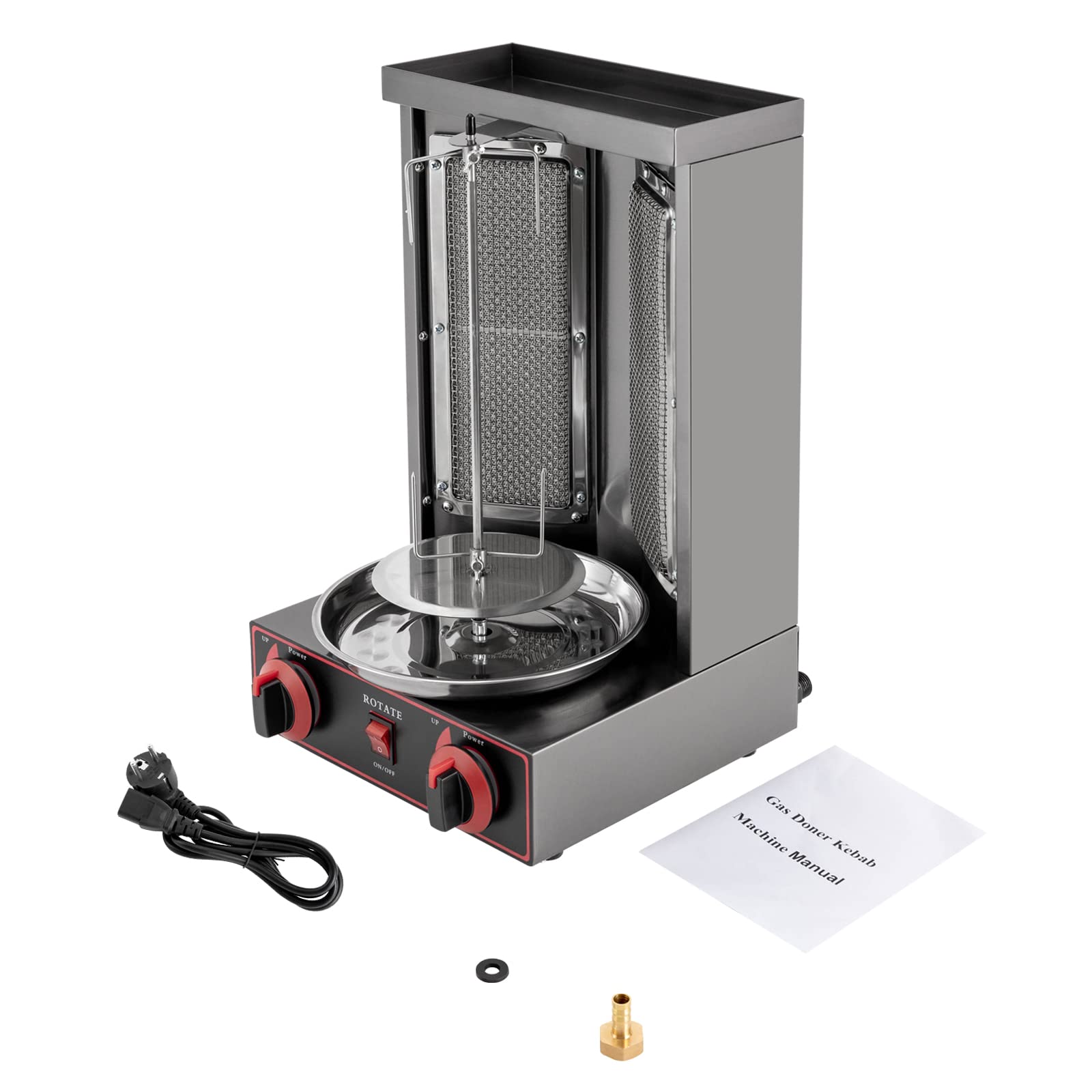 Gas Edelstahl Gas Döner Kebab Maschine Shawarma Gyro Grill Vertikal-Multigrill 3000W Dönergrill Tischgrill 360° Drehbar für Hotels Outlets Restaurants Snackbars