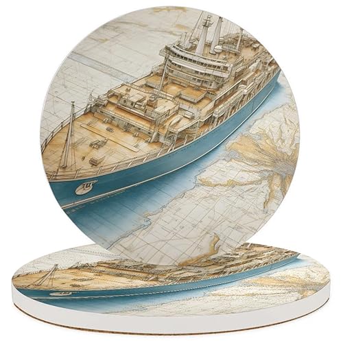 Round Coasters Set of 2, Cruise Ship Absorbent Ceramic Coaster with Cork Base, Bar Coasters for Drinks Coffee Mugs Tea Cups Wine Glasses Home Decor Gifts (4 inches)