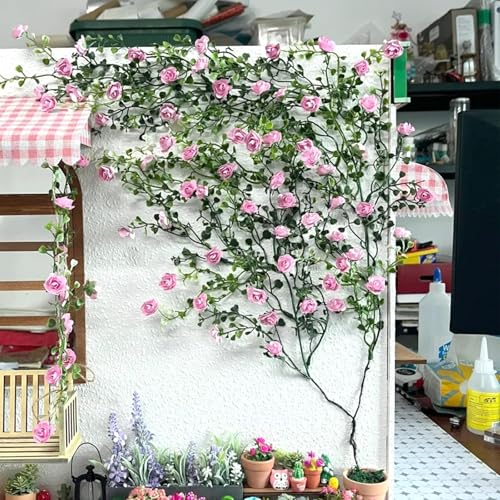 Warmtree Realistic Miniature Artificial Rose Vines - Cute Flower Decorations for DIY Mini Model Railway, Fairy Garden, Architecture Diorama Scenery Landscape Layout (Pink)