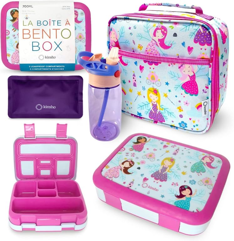 Bento Box, Lunch Bag, Ice Pack Water Bottle Set for Kids - 5 Compartments, Removable Tray, Lunches or Snack Container Girls Toddlers Daycare...