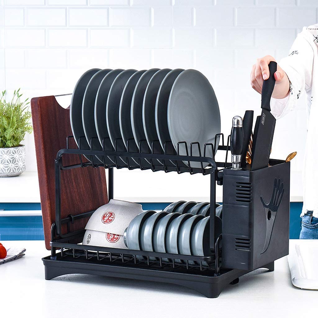 Piatto, Portabanca a Doppio Strato Di Asciugatura e Lavaggio Di Scarico, Scaffale Multifunzionale, Nero 30,5 * 30 * 51 cm