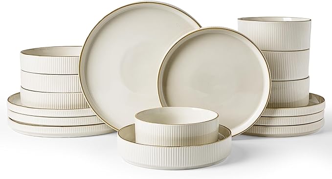 famiware Star Dinnerware Set, Plates and Bowls Sets for 4 (12pcs), Ribbed Stoneware Dishes - Chip & Scratch Resistant, Microwave & Dishwasher Safe Tableware, White