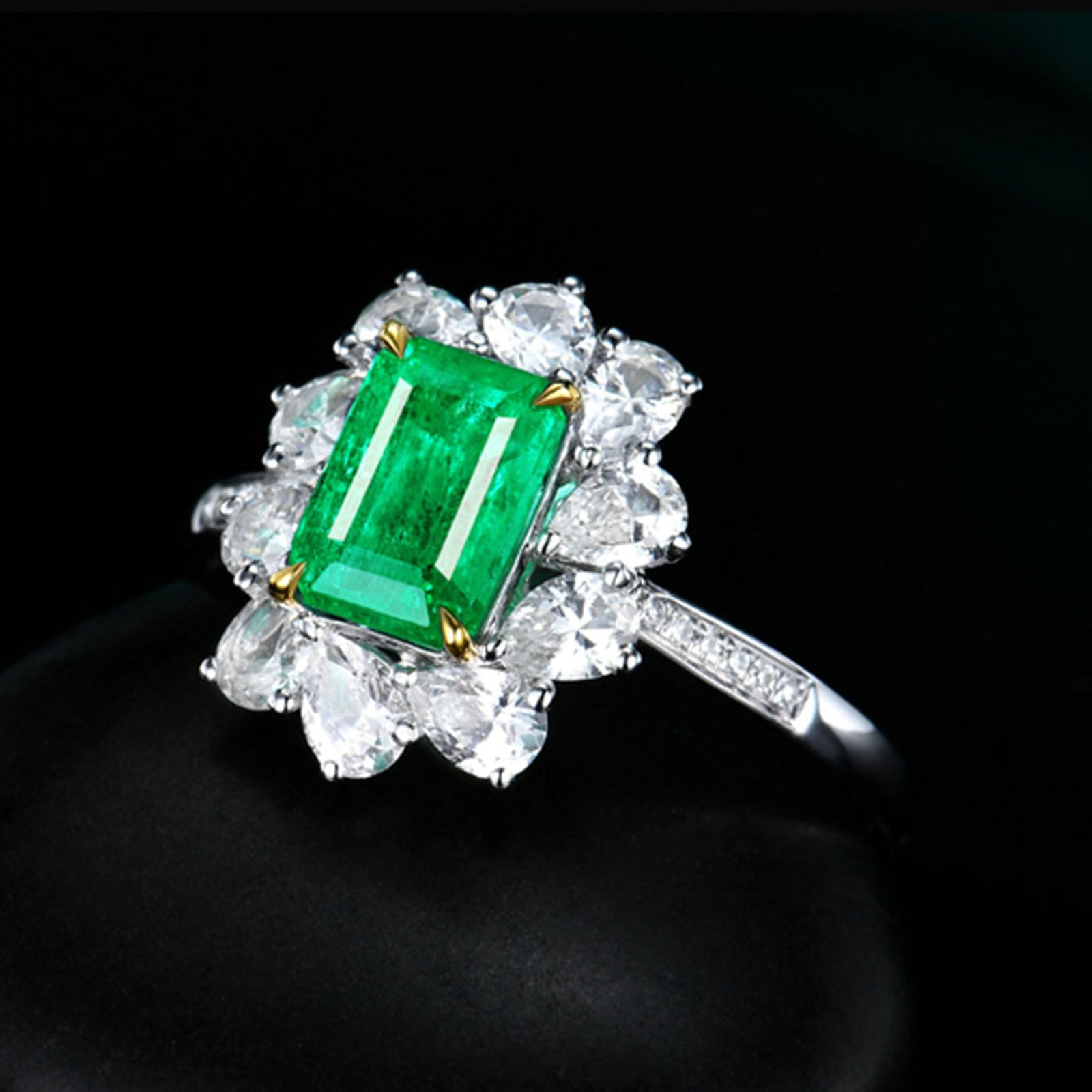 Anello di fidanzamento o matrimonio, in oro bianco 750, 585, 375, con fiore con smeraldo da 1 carato e moissanite, misura 47 (15,0-65) (20,7)