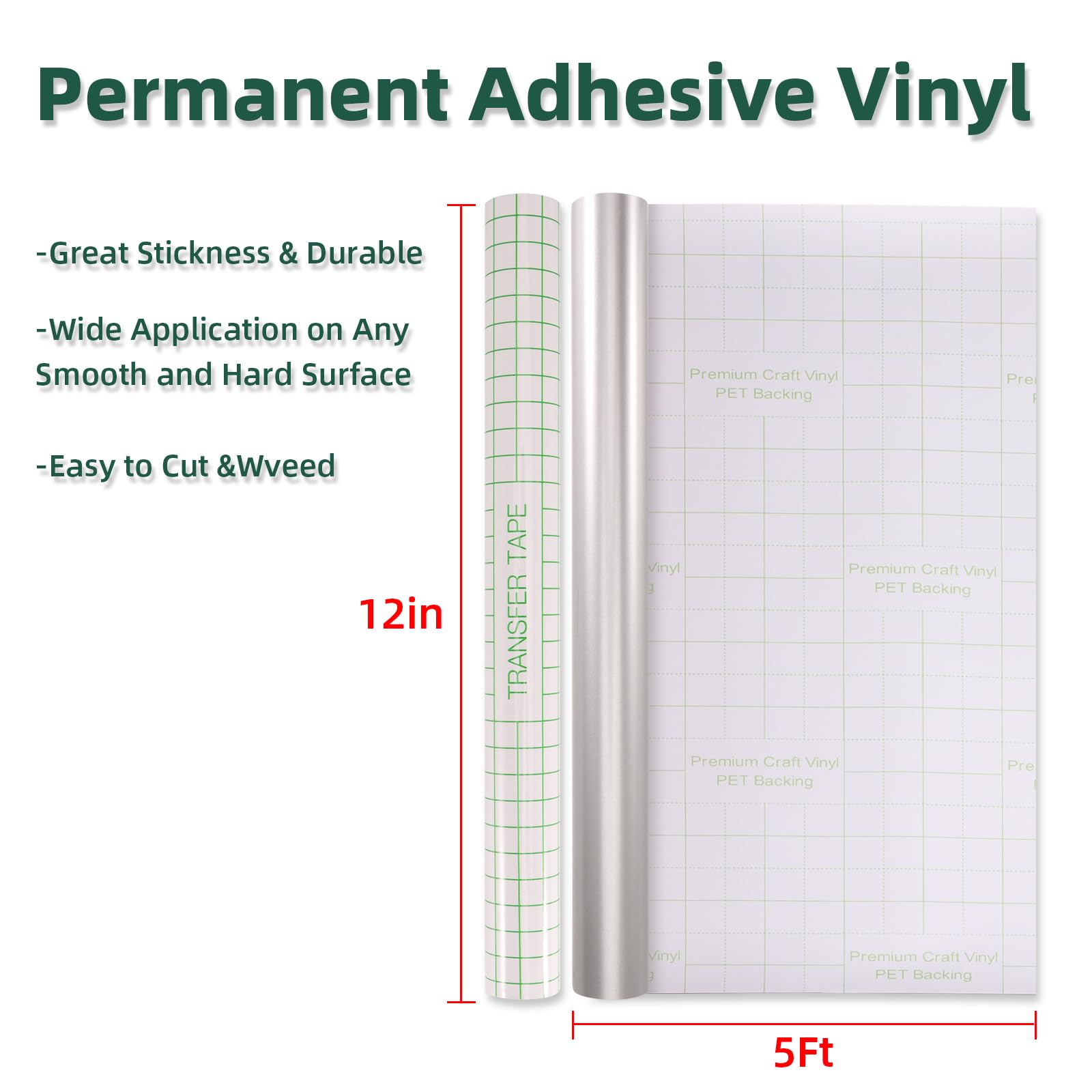 Srunffe Permanent Vinyl Roll,Adhesive Vinyl for Cricut,Adhesive Decal Rolls - Easy to Cut & Weed(Silver 12