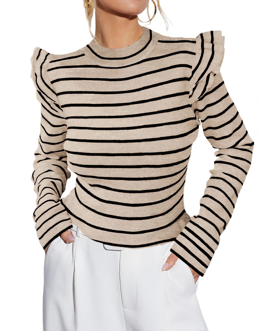 Ezbelle Womens Long Sleeve Ruffle Shirts Striped Rib Knit Blouse Slim Casual Office Trendy Fall Spring Tops 2026