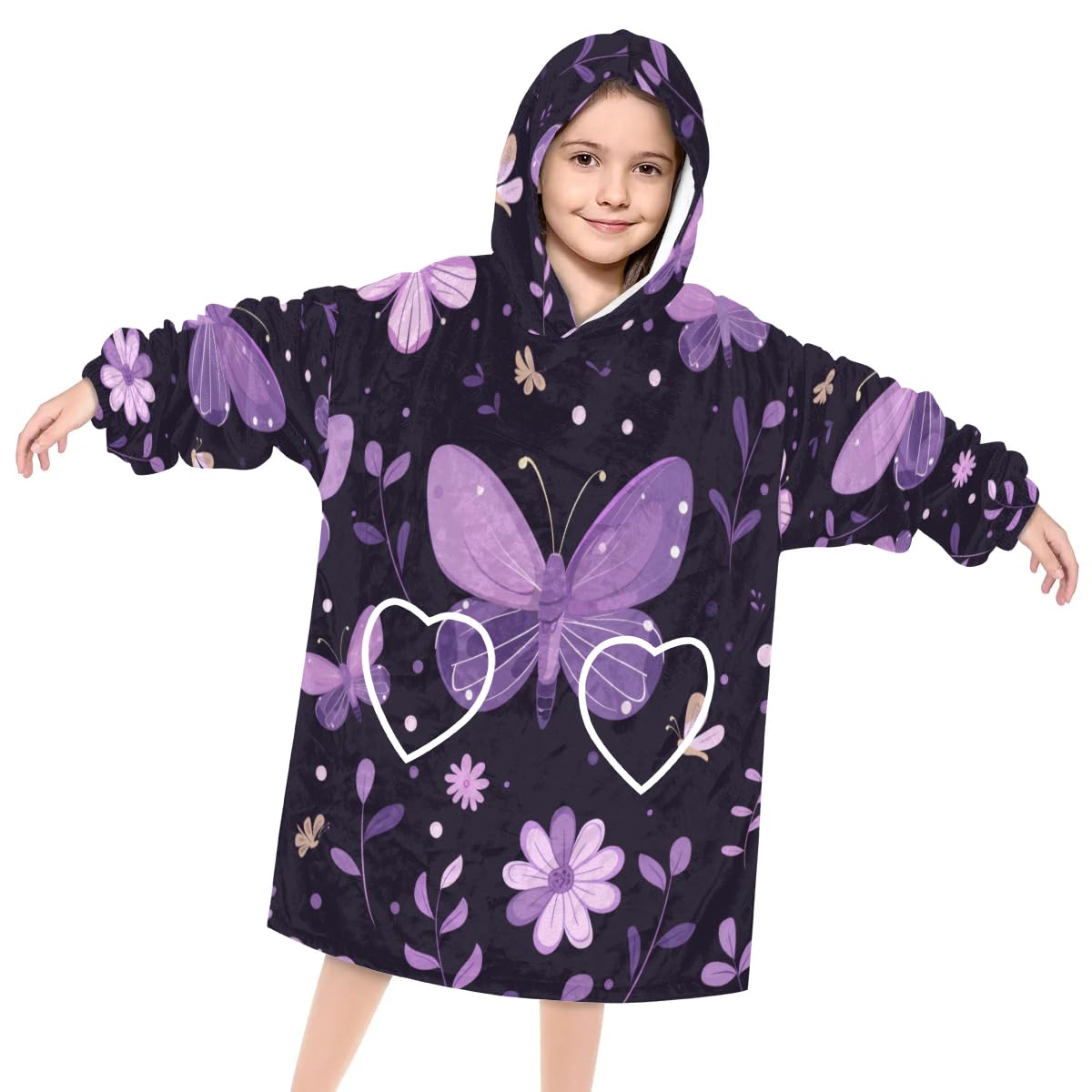Wearable Blanket Hoodie for Kids, Lonely butterfly Fleece Sweatshirt Blanket Oversized Blanket Sweatshirt with Pocket Flannel Warm Hooded Blanket 6-10 Year Old Girl Boy Gift, One Size