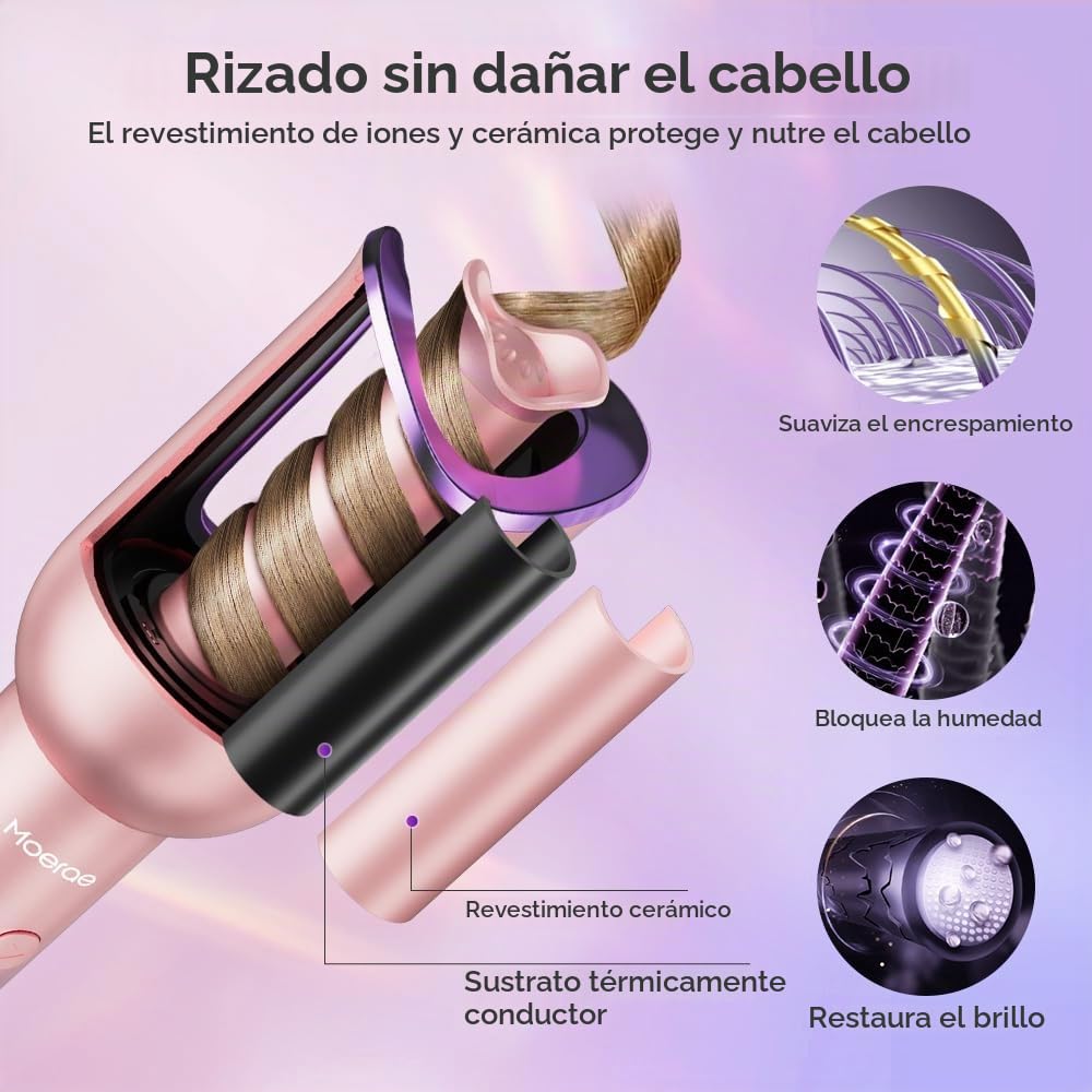 Rizador Pelo Ondas, Tenacillas Pelo 23mm de Iones Negativos, Tenacillas para Rizar el Pelo 3 Temperatura, Diseño Anti-escaldado, Rizador de Pelo Automatico Inteligente