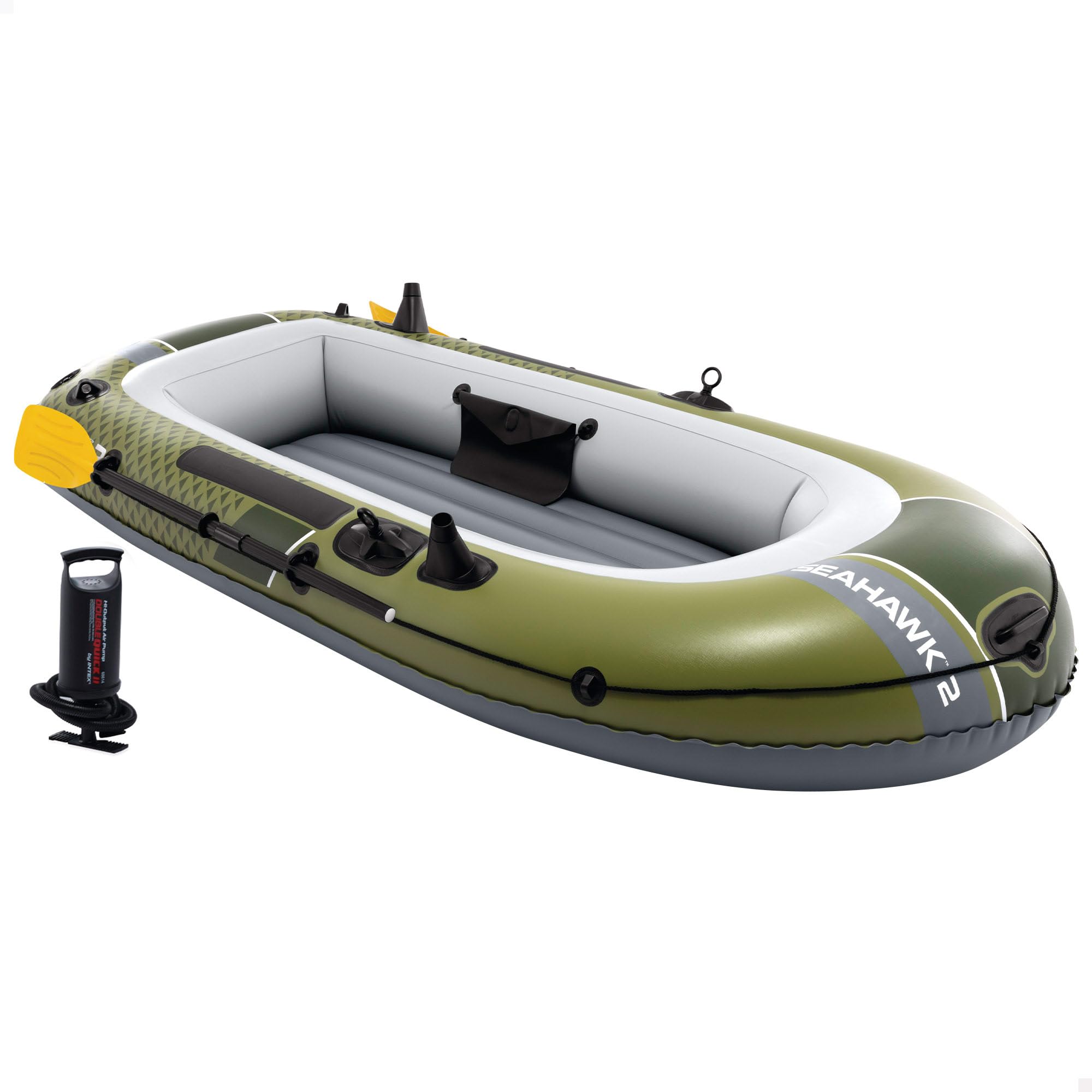 Intex Barca hinchable, Modelo Seahawk 2, Mide 236x114x41 cm, Máx. 240 kg, Para 2 personas, Incluye remos, Bomba de inflado manual, Parche reparación, 3 cámaras de aire, Pesca o recreo (66332)