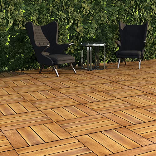 Wood Interlocking Flooring Tiles (Pack Of 10, 12" X 12"), Solid Wood Acacia Deck Tiles Interlocking, Patio Tiles Outdoor Interlocking Waterproof All Weather (4 Slat, Natural Color) #TOP5