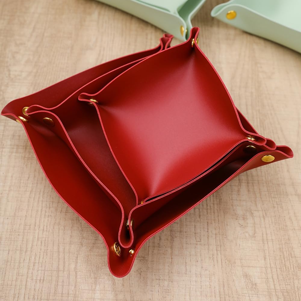 Nordic Ins Style PU Leather Storage Box - Foldable Desktop Organizer Tray for Jewelry, Cosmetics & Keys - Red