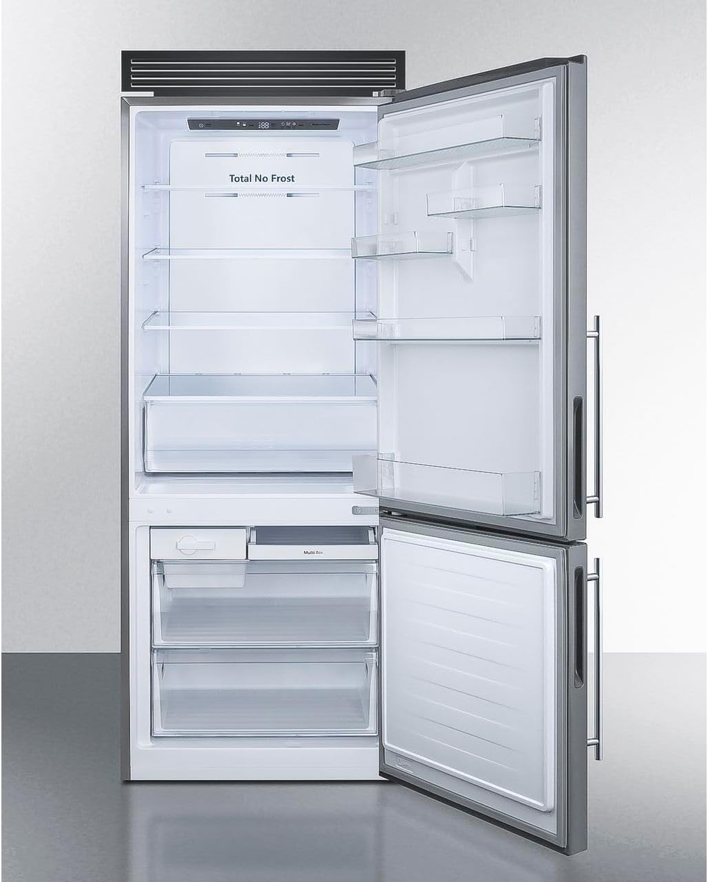 Summit FFBF279SSXH72 28” Inch Wide Freezer Refrigerator, 14.6 cu.ft, Bottom Freezer, ENERGY STAR, Frost-Free, Digital Temperature, Adjustable Glass, LED Lighting, Full-Width Door Racks (RHD)