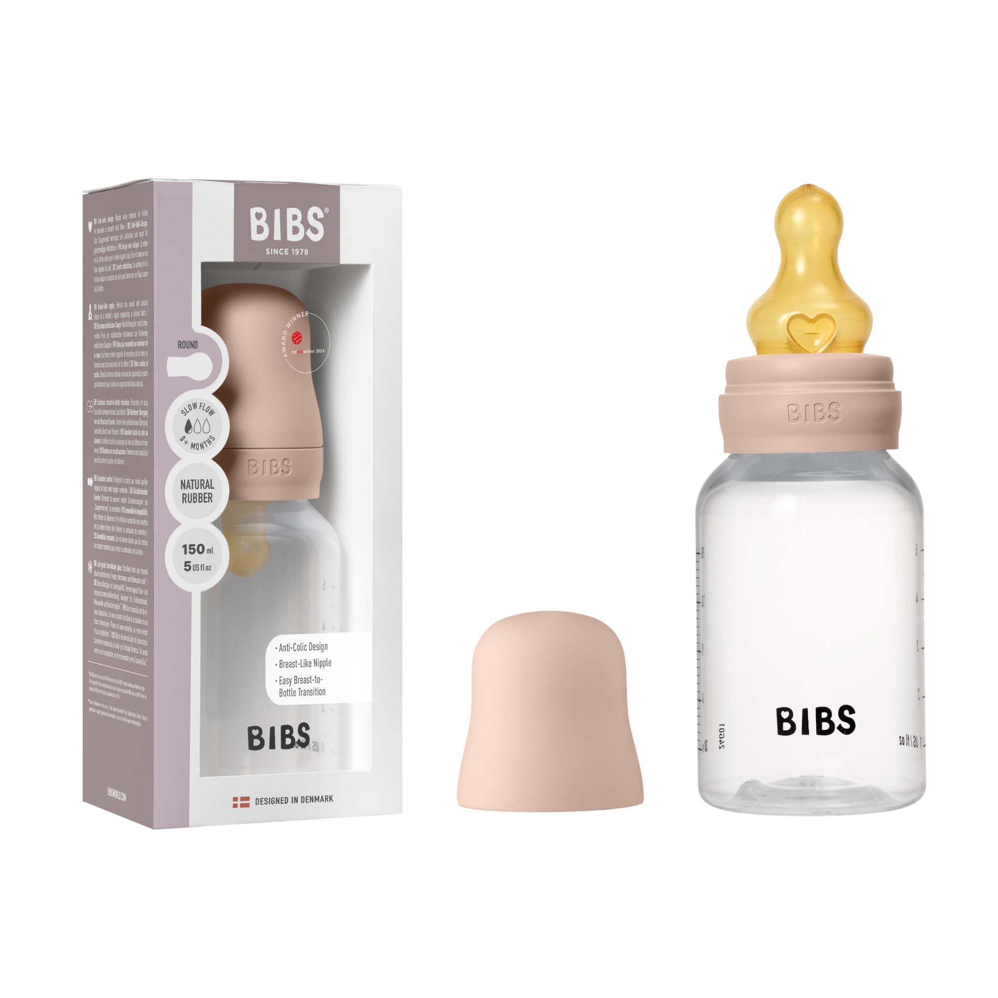 Biberon Baby BIBS 150 ml - Tettarella in lattice di gomma naturale - Anti-coliche, senza BPA, tettarella tonda, flusso lento, leggero e facile da pulire, per neonati 0+ anni - Blush