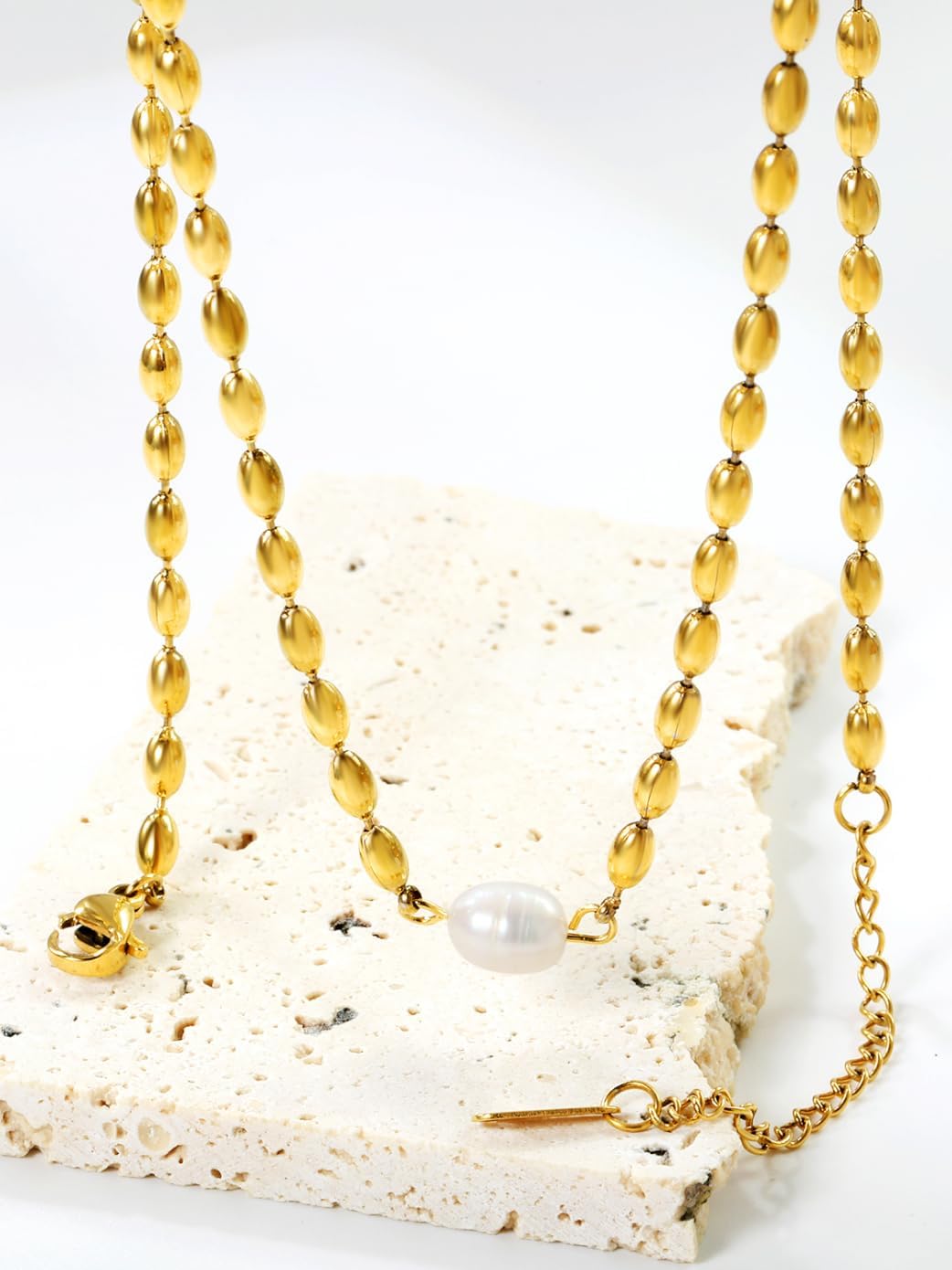 Freshwater Pearl Necklace for Women-18K Gold Plated Rice Bead Chain with Natural Pearl Pendant, Boho Gold Jewelry, Gift for Wedding/Birthday/Anniversary, Beach Vacation & Christmas Accessory - Image 3