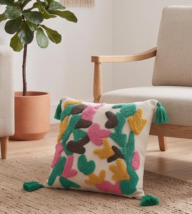 Image of Furnistitchs Handmade Cotton Bohemian Home Decor Cushion Cover 24x24 inches / 60x60 cms - Boho Chic Couch Sofa Throw Living Room Bedroom Cushions (1, Green Fields)