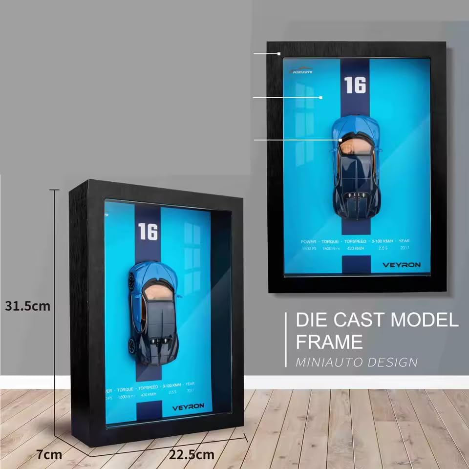 Image of Worshiper 3D Car Frame Wall Art Wooden Hanging Painting Frame with Removable Die-Cast Cars, Lights & Sounds Pull-Back Action & Opening Doors Collectible Display for Car Decoration (1:32 Bugatti Veyron)