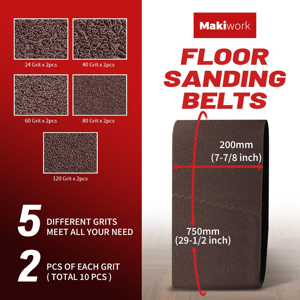 Lot de 10 bandes abrasives 750 x 200 mm, K24/40/60/80/120 en oxyde d'aluminium pour ponceuse de parquet - Compatible avec Bona Scorpion & Lagler Hummel, abrasif professionnel pour bois dur et