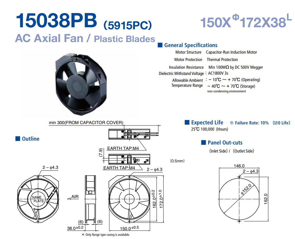 15038PB-B2L-EP 220v 150x172x38mm AC AXIAL Flow Fans