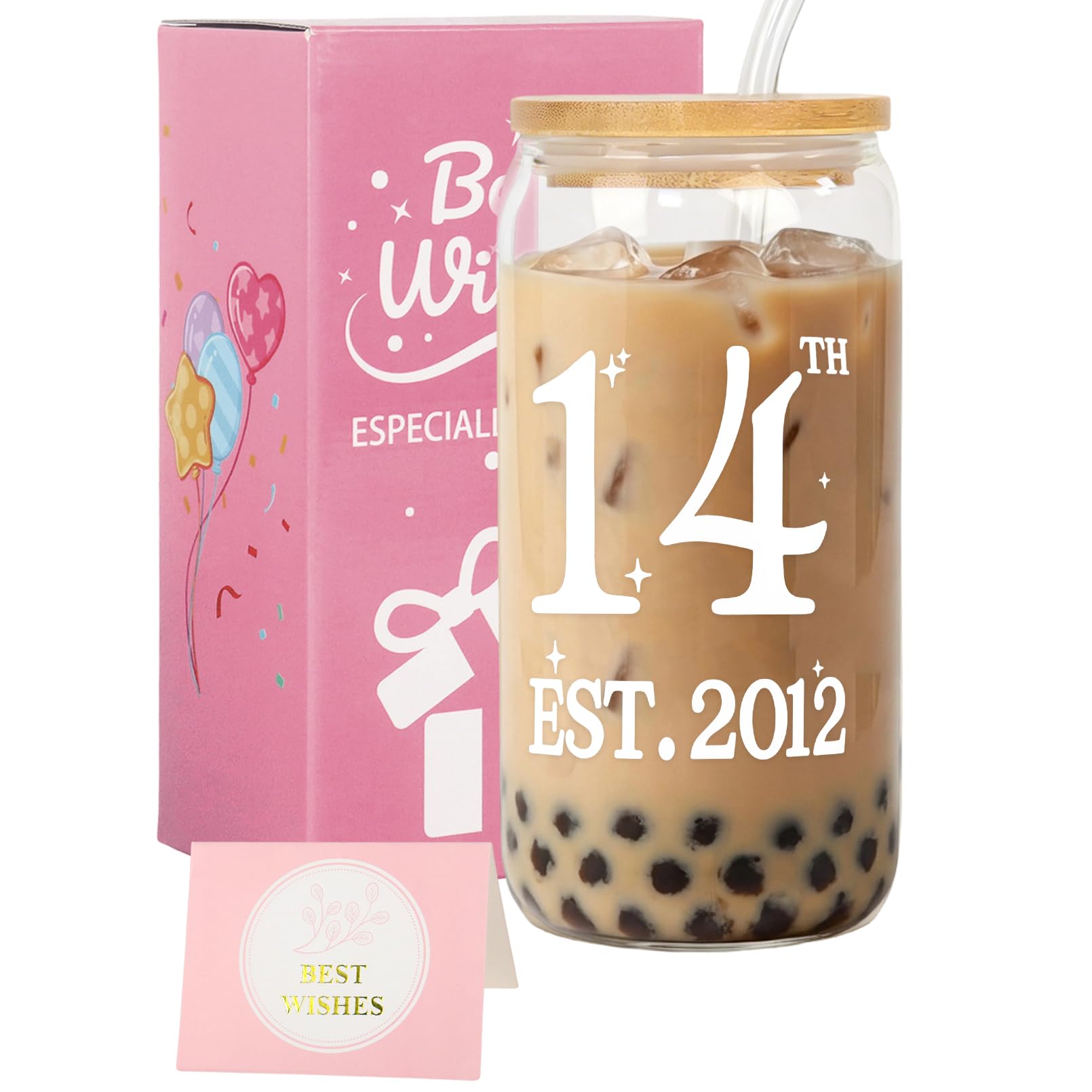 Nwvuop 14th Birthday Gift for Girls, 16oz 14th Birthday Glass Cup with Lid & Straw, Birthday Presents for 14 Year Old Girls