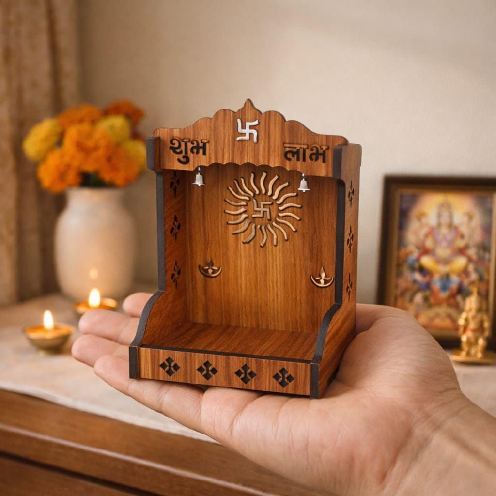 Handcrafted Small Wooden Temple for Home Puja | Compact Mandir with Om Symbol & Intricate Carvings-image-21