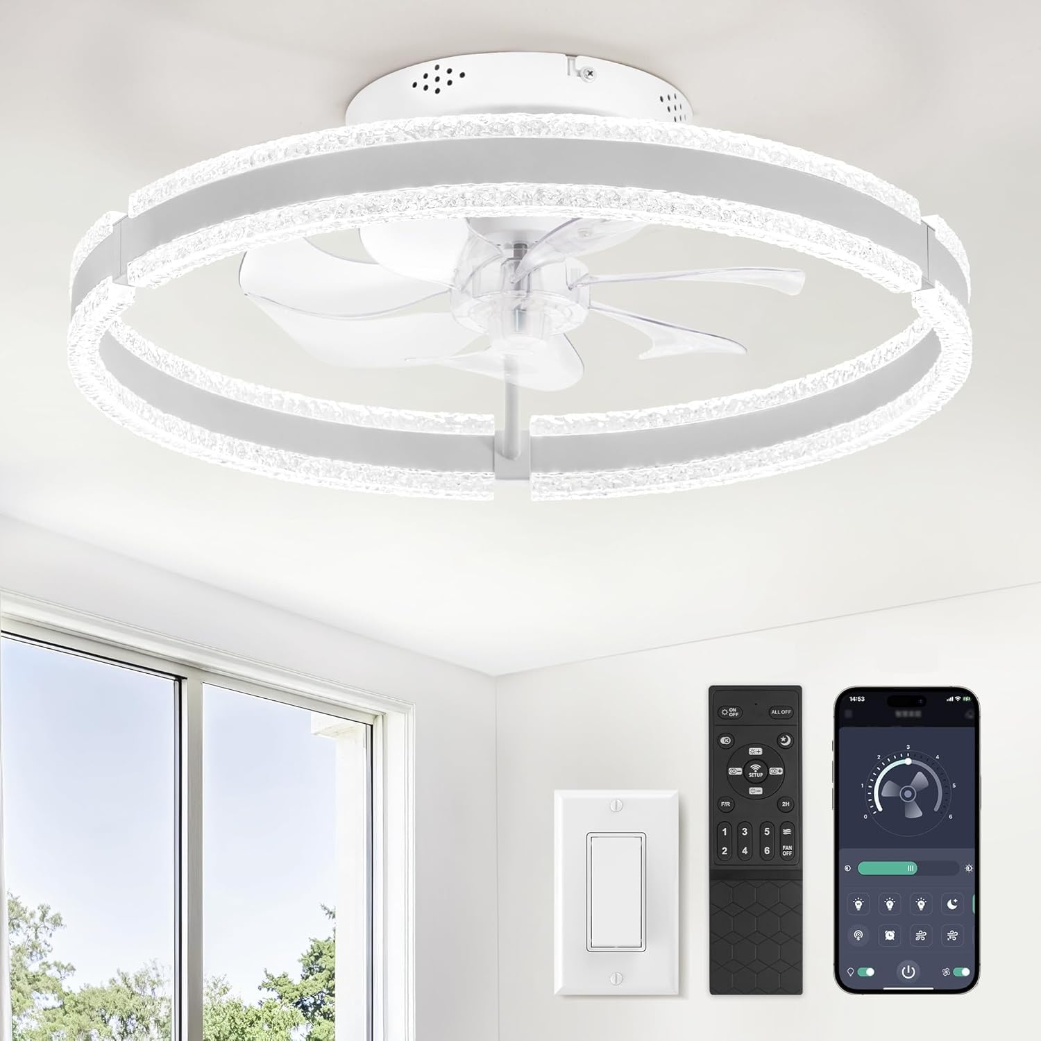 ZMISHIBO Ventilador de techo 51 cm con luz, patrón ondulado, doble anillo LED (blanco), APP y mando a distancia, 6 velocidades, giro adelante/atrás, 3000K-6000K regulable 10%-100%, memoria, temp. 2H