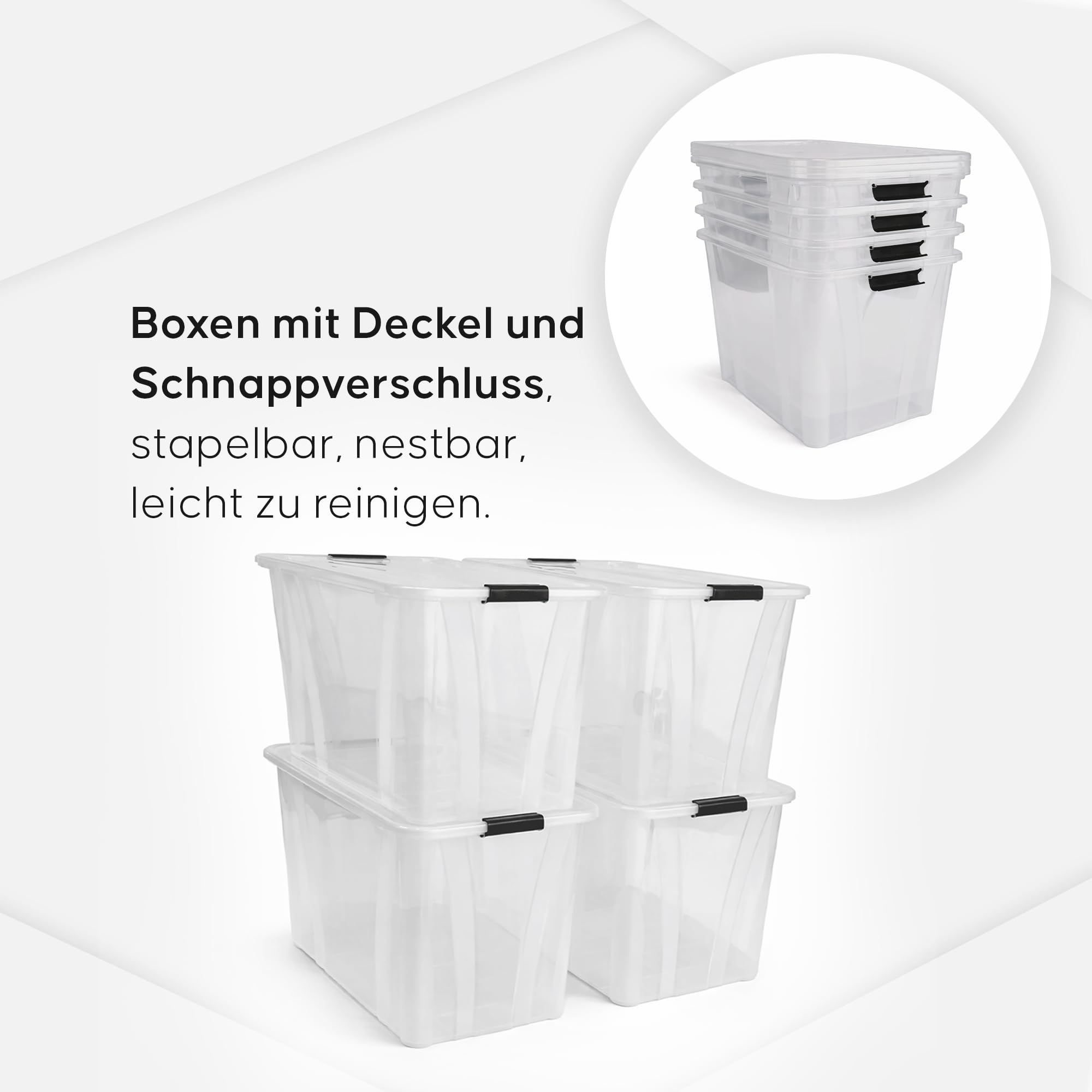 Aufbewahrungsboxen 4er-Set mit Deckel – Stapelbare Kunststoffboxen 7L, 14L, 21L, 32L, 55L, 80L Transparent mit Klickverschluss & Griffen, BPA-frei, Lebensmittelgeeignet, Ordnungskisten (55 L)