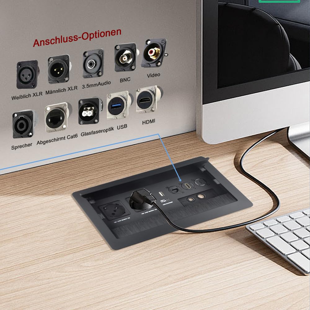 Tomacorriente de mesa, regleta de enchufes con receptáculos encastrados de aluminio 2 x Schuko 1 x cargador USB-A+C (PD 65W) 1 x CAT6 1 x HDMI 1 x USB-C 1 x cable de alimentación de 1.7m 4 x agujeros