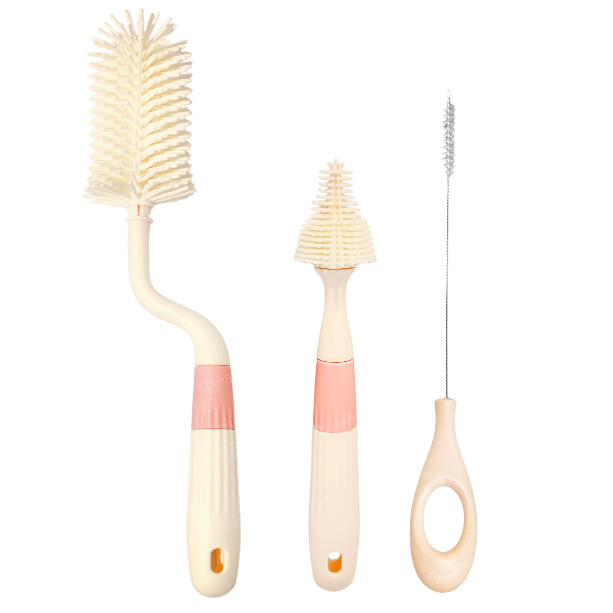 FunBlast Silicone Baby Bottle Cleaning Brush Set – 3-Piece Bottle, Nipple & Straw Cleaner with Soft Bristles, 360° Rotating Handle – Baby Feeding Accessories (Beige)-picture-35