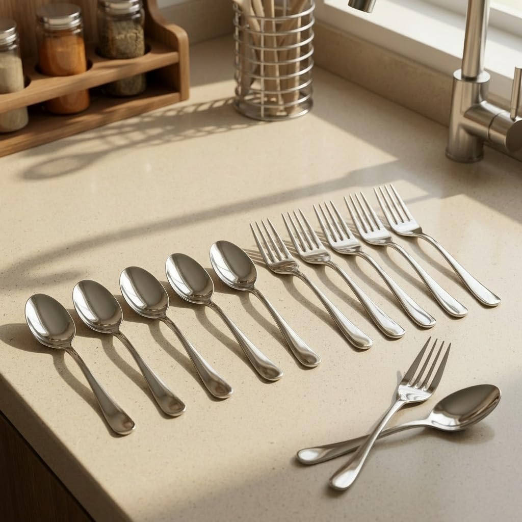 Cutlery (Set of 12, Stainless Steel Spoons - 6 and Forks - 6), 100% Food Grade, Non Toxic, Anti-Rust, Dishwasher Safe, Perfect Gifting Set for All Occasions