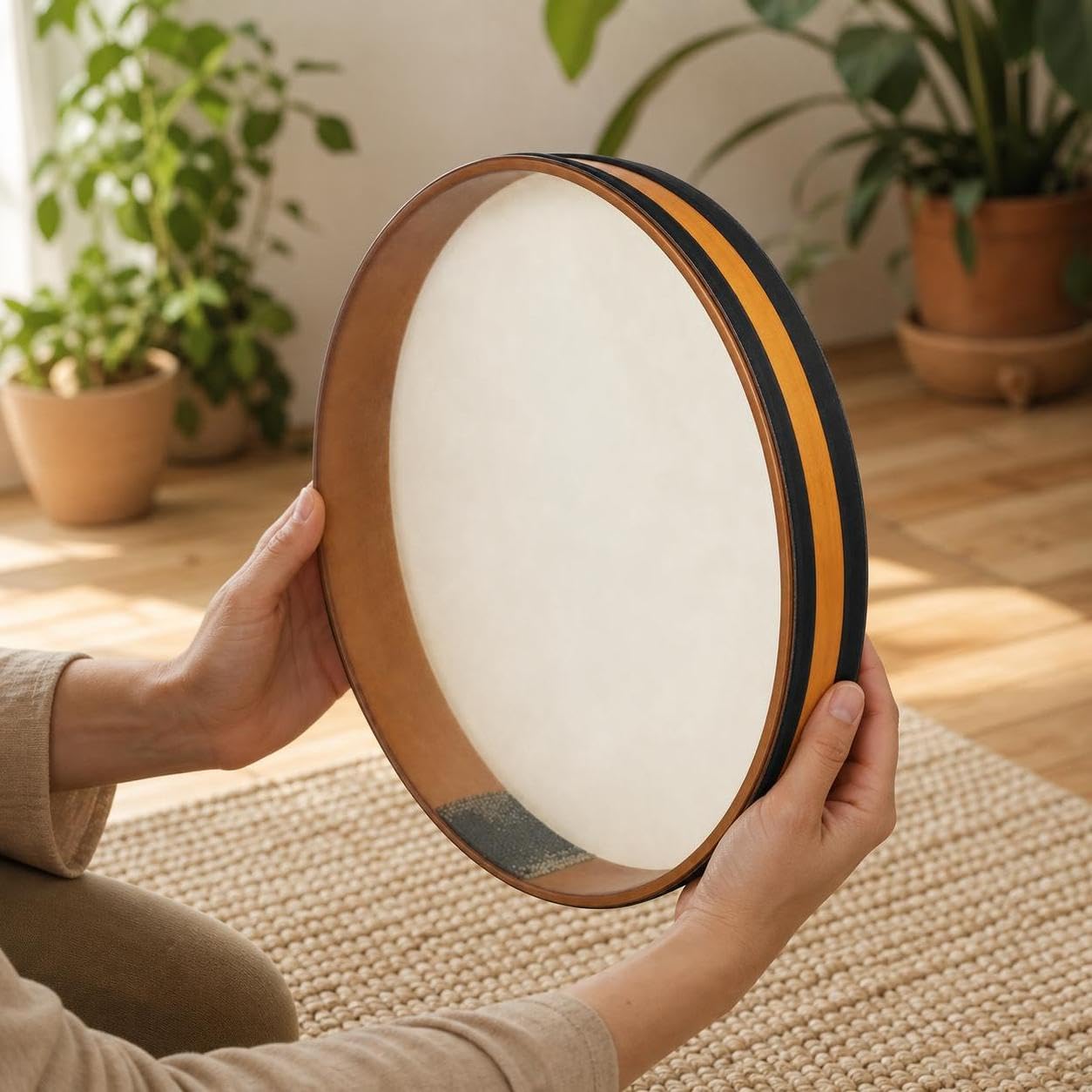 Tamburo Onda Oceanica Percussioni Doppio Lato per Effetto Realistico in Legno E Pelle Tocco Rilassante Adatto a Terapia Audio Meditazione Sala Benessere, 14 pollici