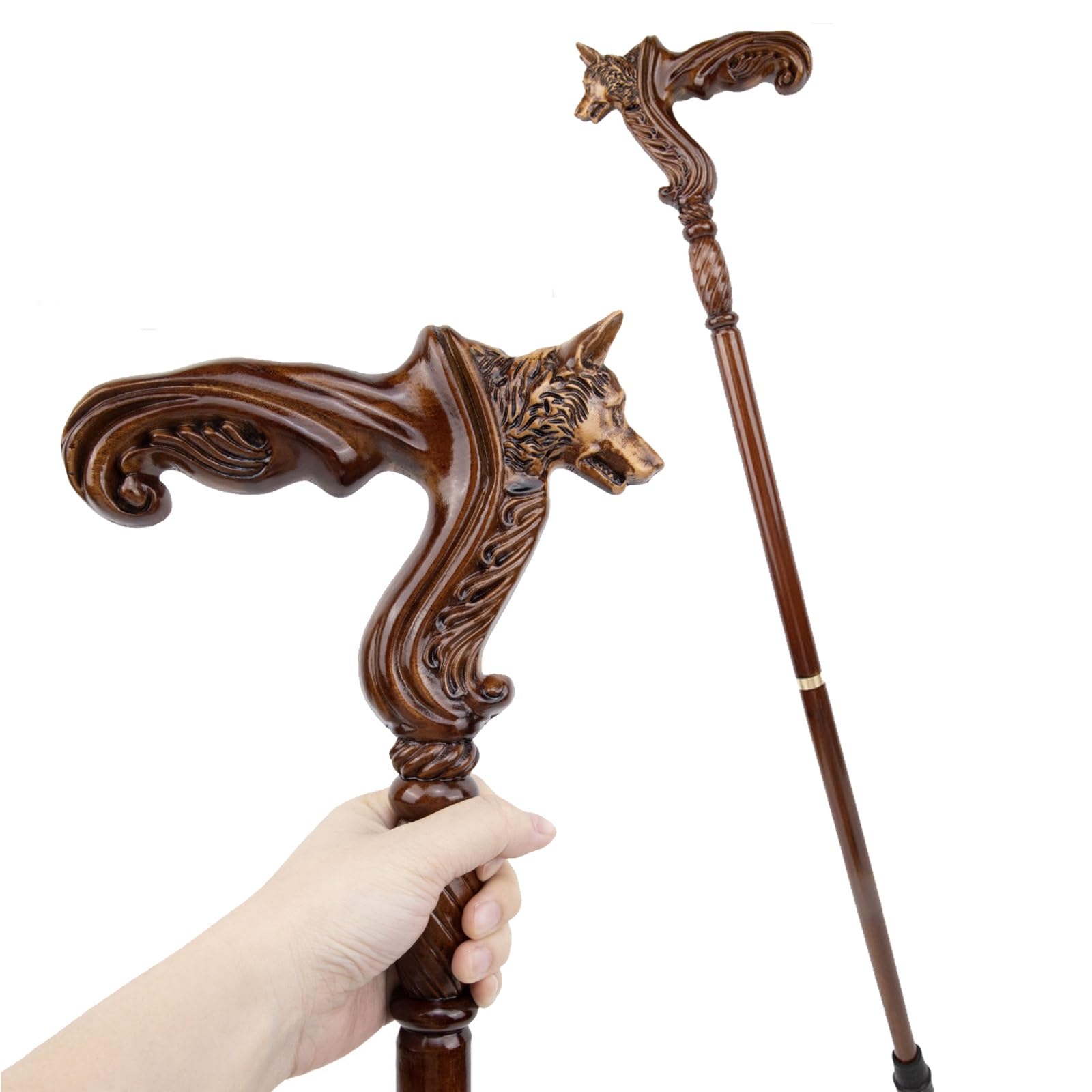 Bastoni da Passeggio in Legno a Forma di Lupo, con Impugnatura ergonomica e Punta in Gomma Antiscivolo, 98 cm, di Lusso, Decorativi, Ideali per Uomo e Donna.