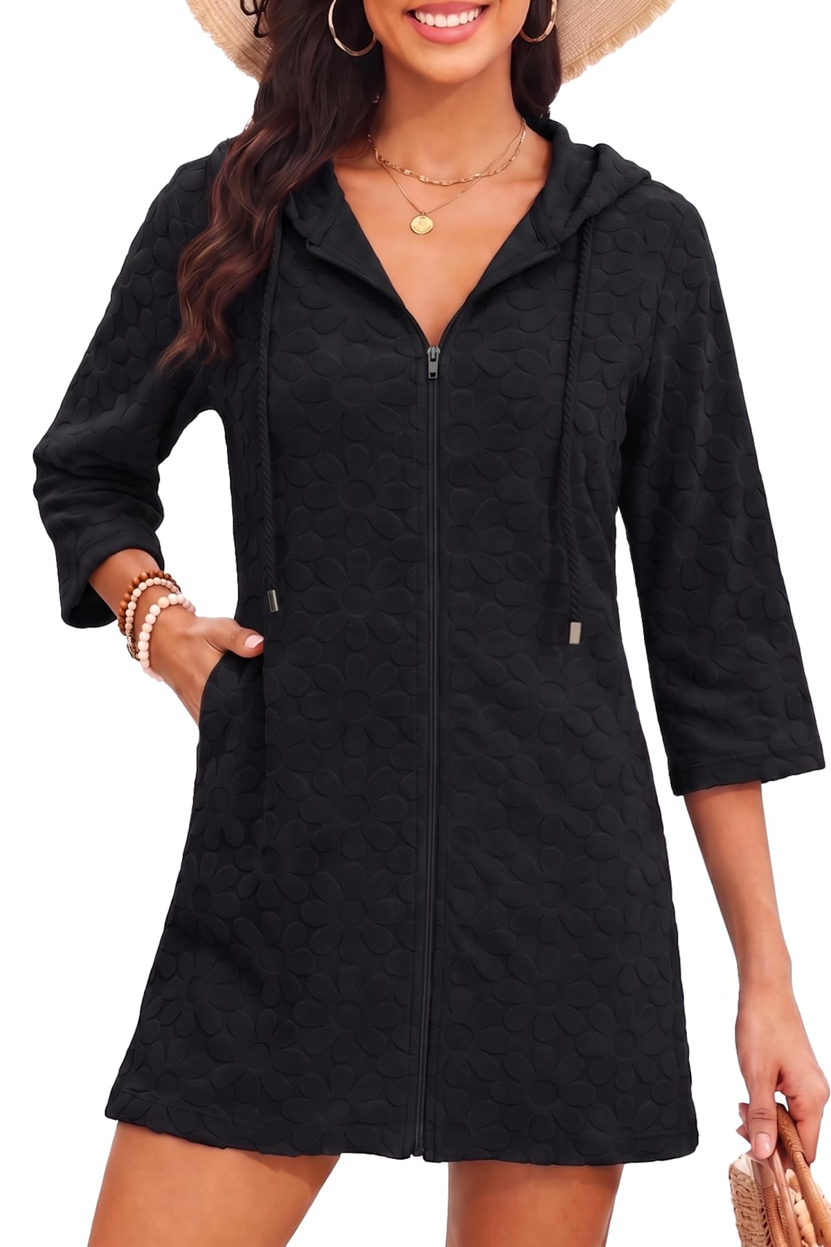 Terry Cloth Cover Up - Long Sleeve Cover Swimsuit Hooded Zipper Beach Cover-up with Pockets-image-22