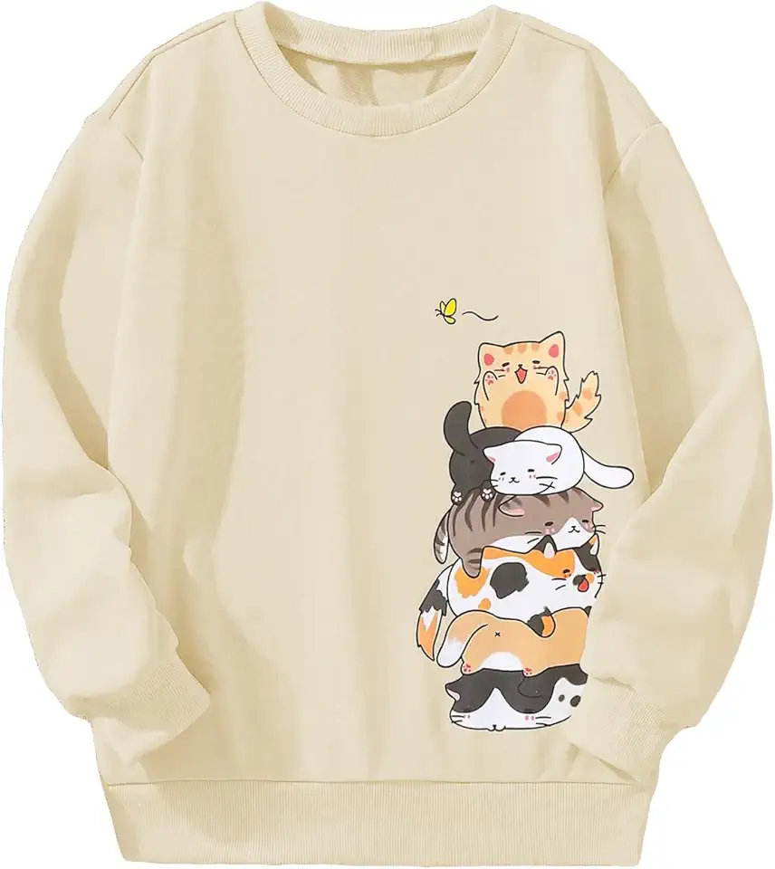 RoseSeek Girl's Cartoon Graphic Long Sleeve Crewneck Sweatshirts Drop Shoulder Cute Pullover Tops T Shirt