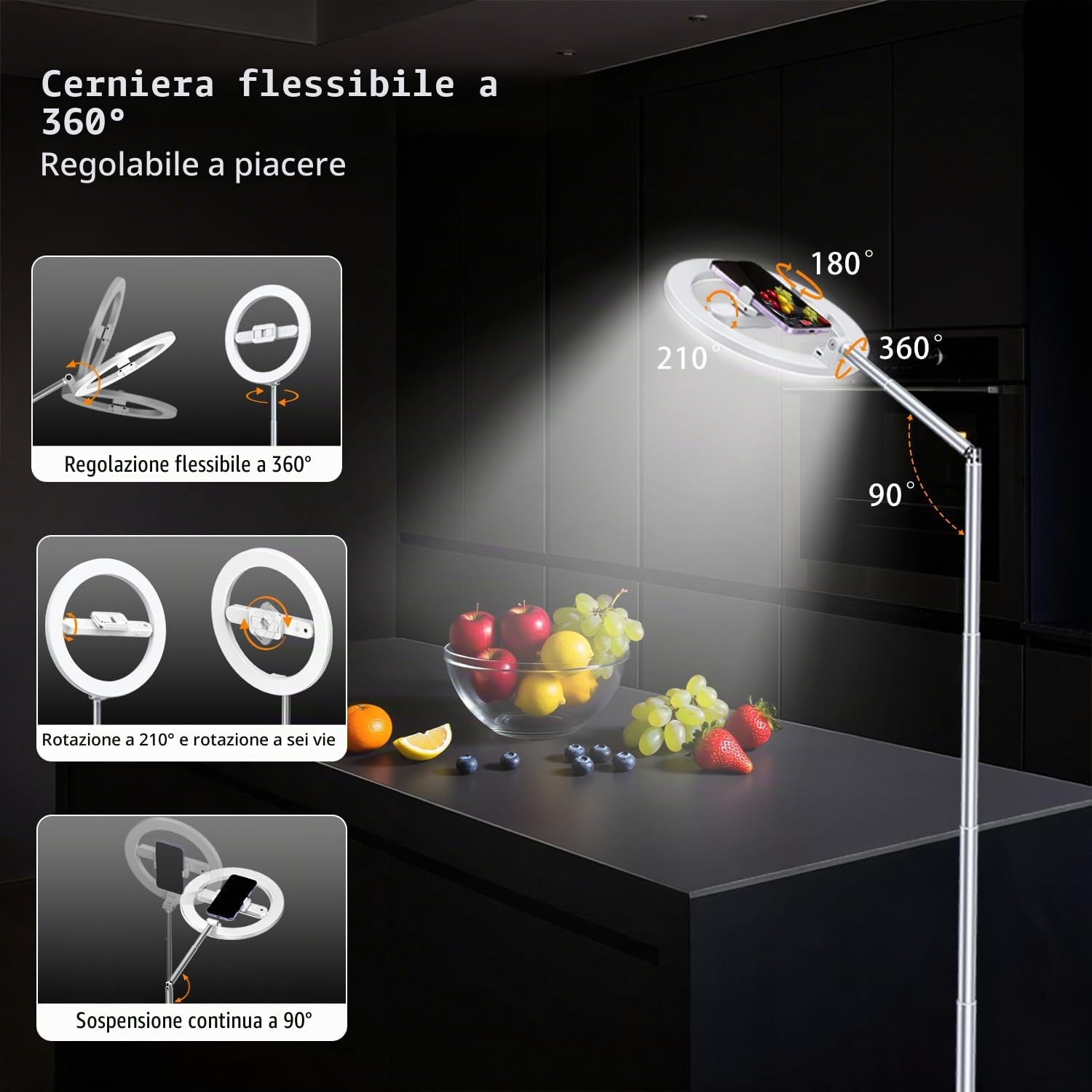 yAyusi Senza Fili Luce ad Anello con Supporto Cellulare, 174 cm Pieghevole Ricaricabile Supporto per Ring Light per Fotografia Dall'alto per Registrazione Video, Fotografia, Streaming Live, TikTok