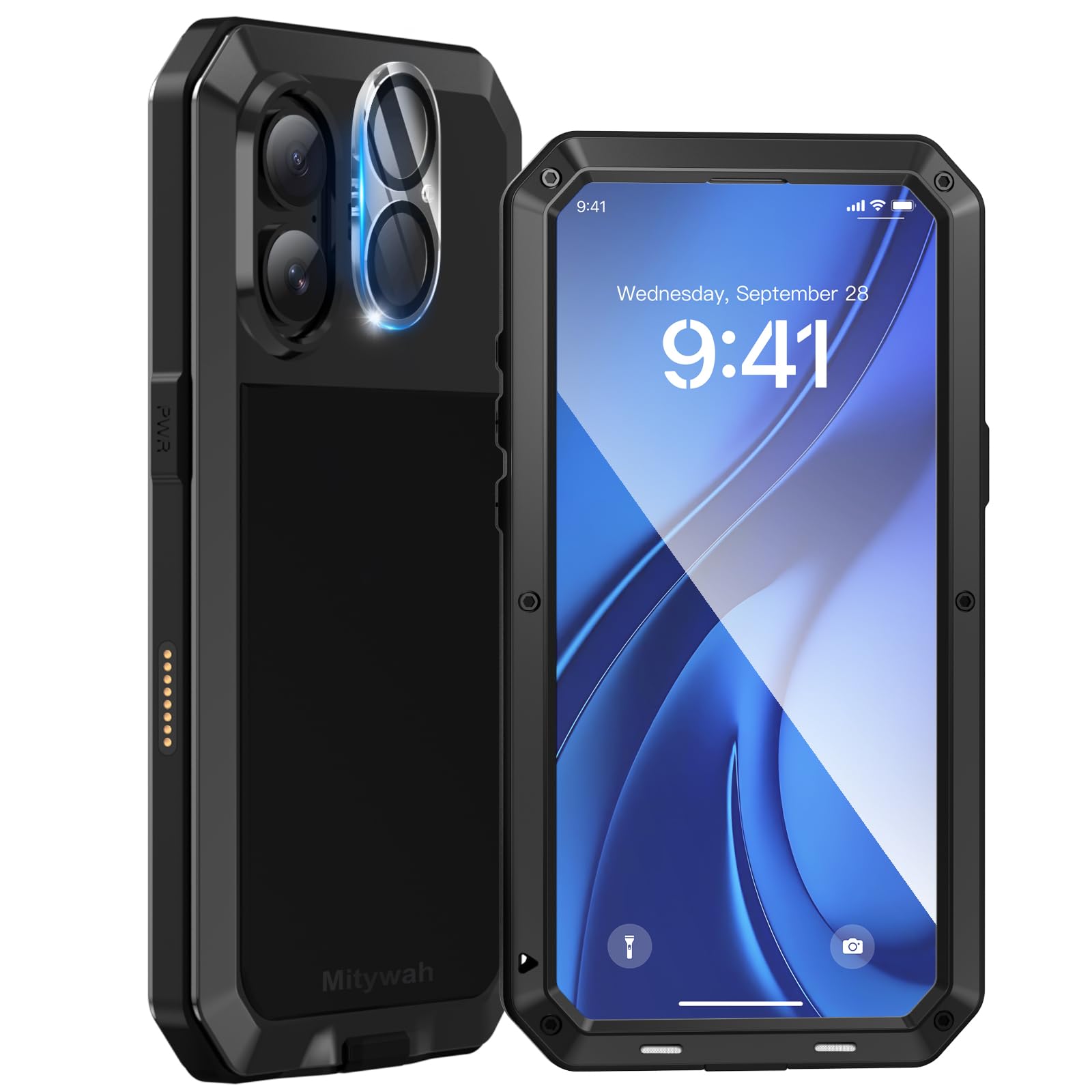 Mitywah Metal Case for iPhone 16 Plus, Heavy Duty Rugged Phone Case Built-in 9H Temperd Screen Protector, Military Grade Full Body Protective Dual