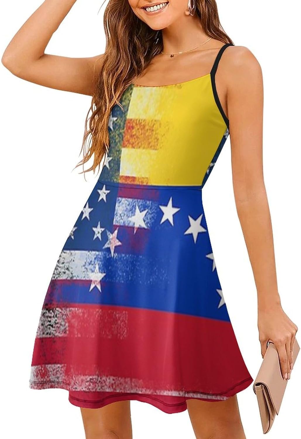 U.S.A Venezuela Flag Short Cami Dress for Women Adjustable Spaghetti Strap Flowy Sundress Beach Vacation