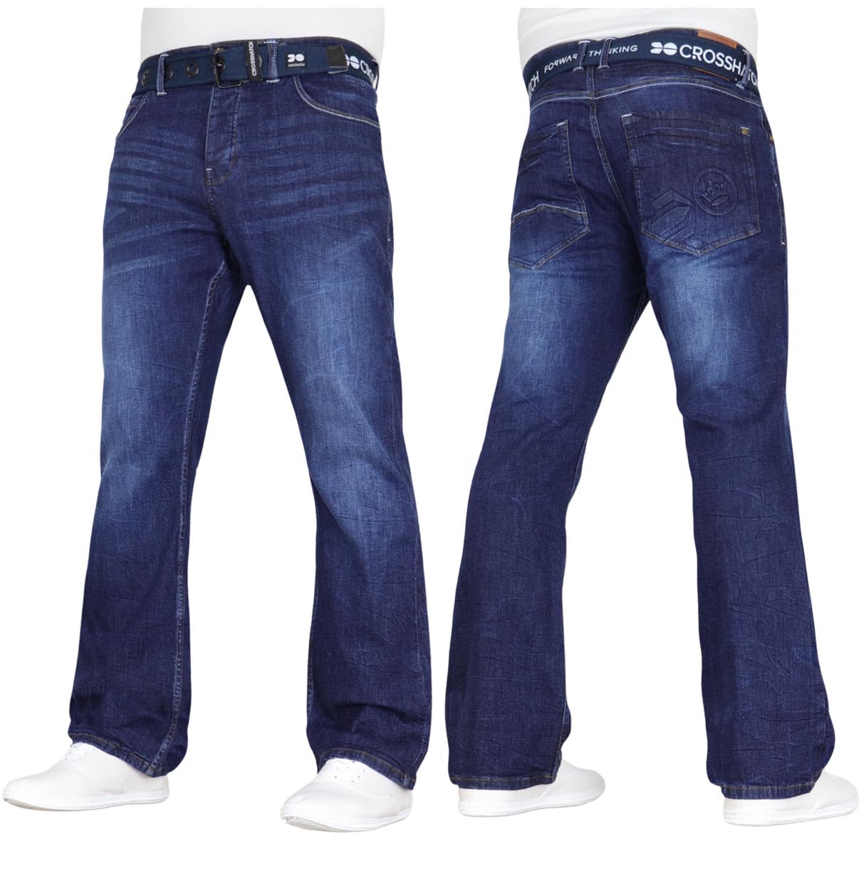 Crosshatch Men's Darkwash Stretch Bootcut Fit Fashion Jeans Trousers Free Belt Stylish Branded Denim By Jeanbase 32W X 30L