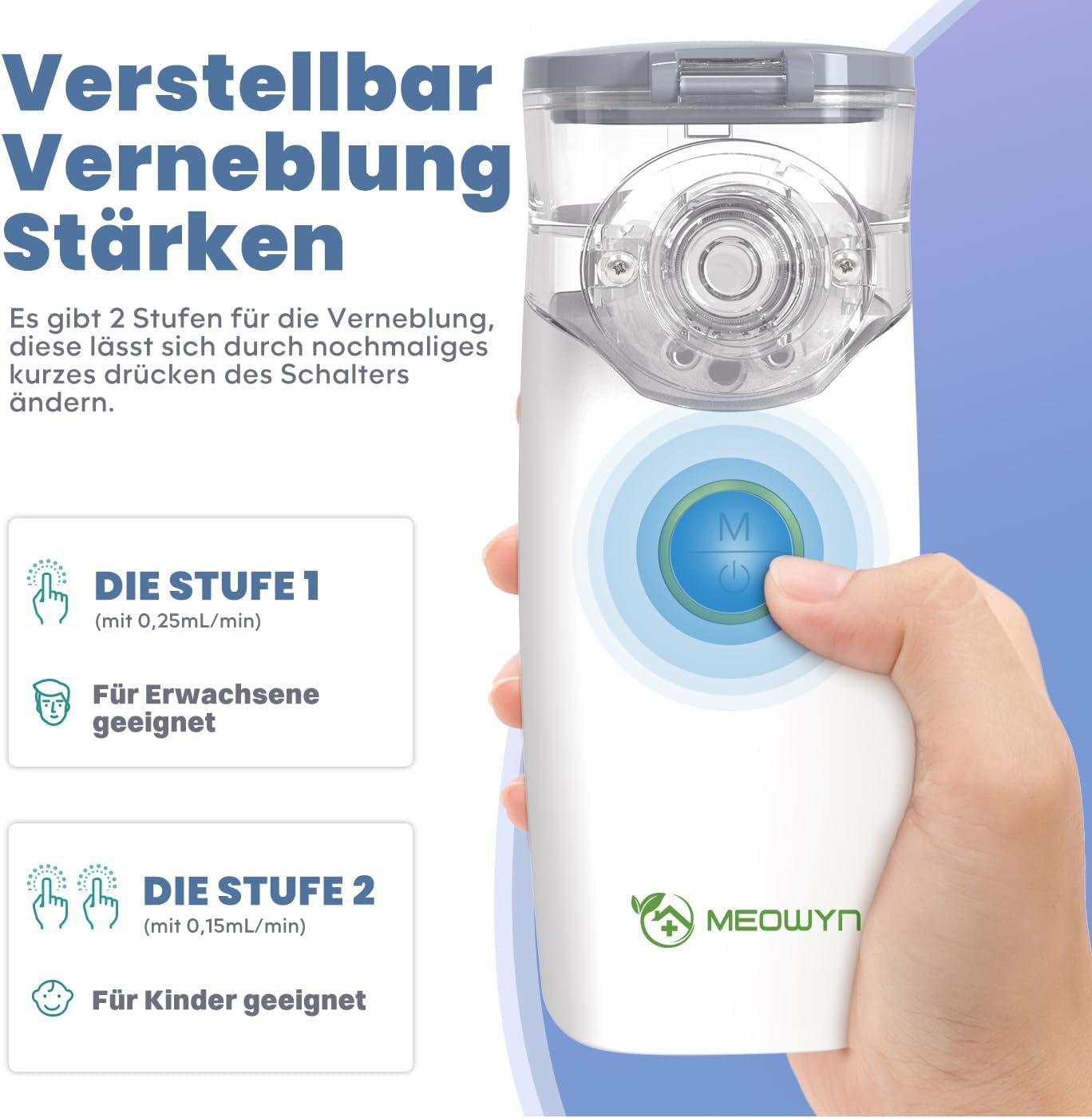 Meowyn Inhalationsgerät, leiser tragbarer Inhalationsgerät für Erwachsene und Kinder, USB wiederaufladbarer inhalator mit 2 Masken und Mundstück, inhaliergerät für Reisen und Zuhause