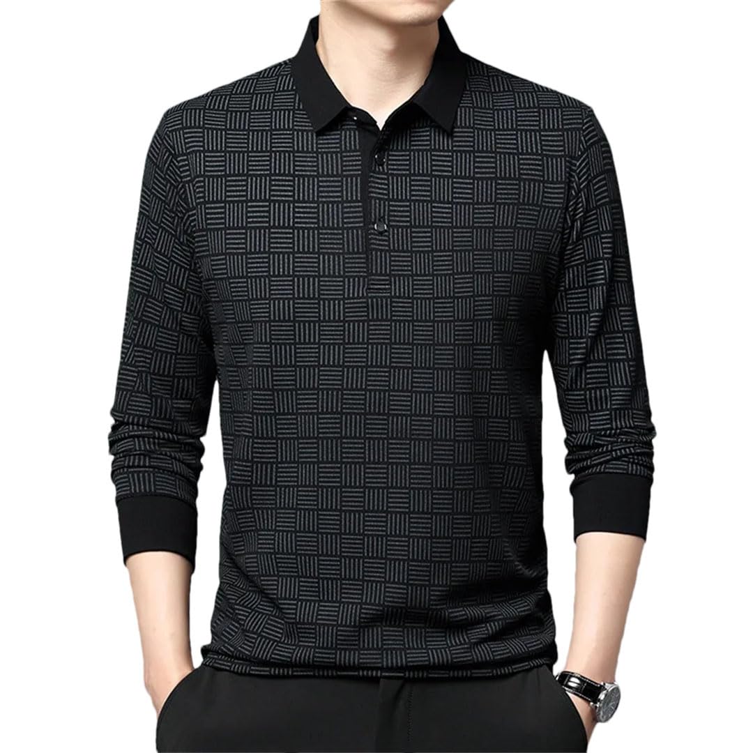 Camiseta polo de manga larga a cuadros para hombre, color liso, para hombre