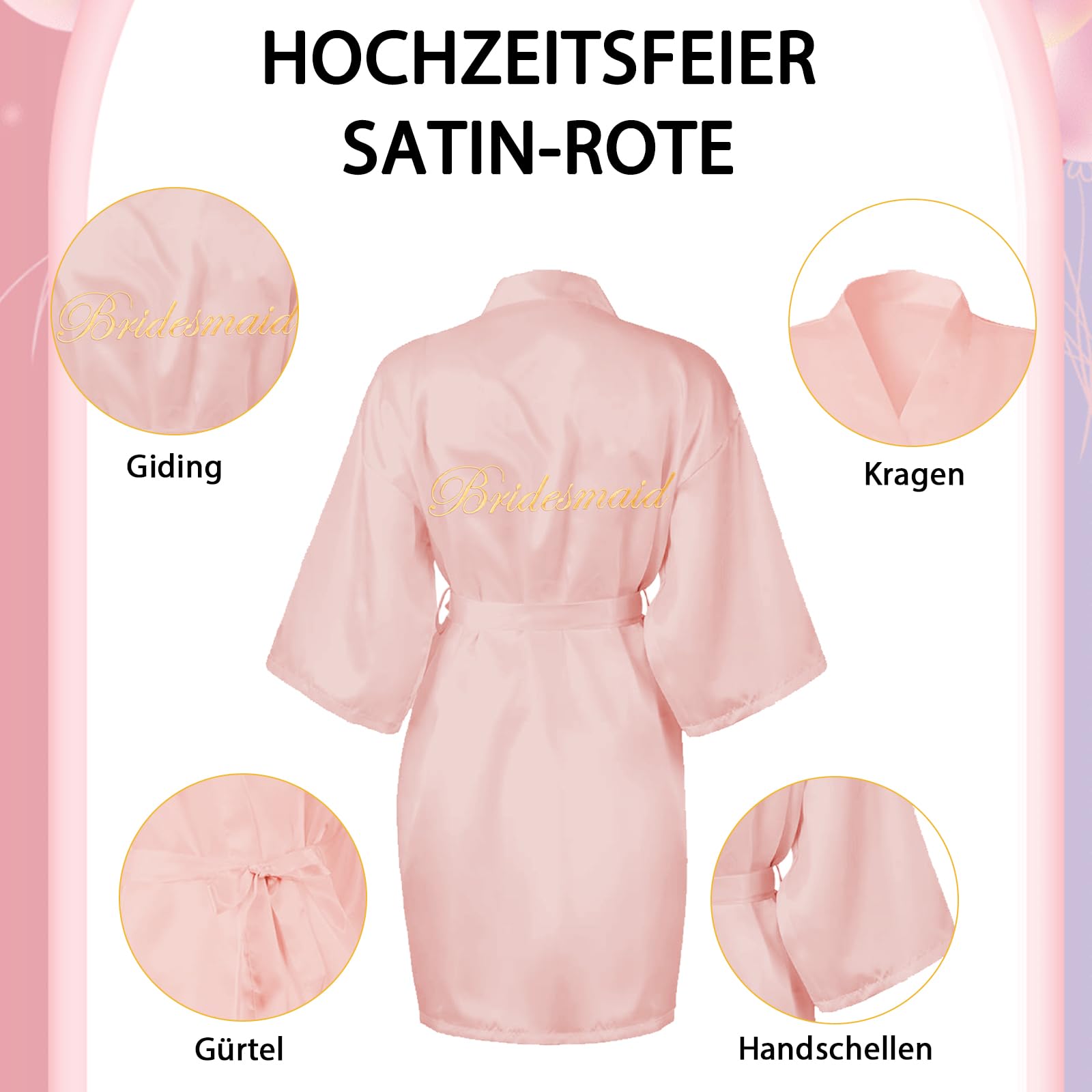 10 Stück Satin Morgenmäntel für Braut, Brautjungfern – 1 Weißer Braut Bademantel, 9 Rosa Brautjungfern Kimono Roben, Hochzeit, Junggesellinnenabschied, Bridal Shower
