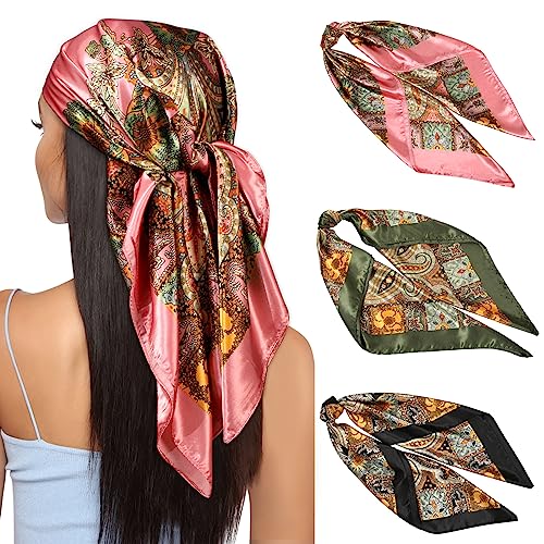 Kajeer 3 Stück Kopftuch Bandana Halstuch für Damen - 90x90cm Große Satin...