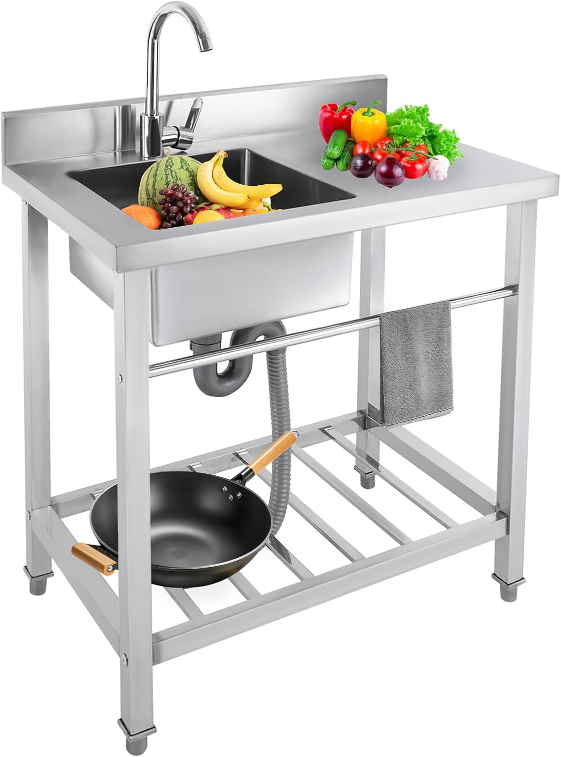 Kitchen Sink with 1 Base, Stainless Steel, Reinforced Worktop, 360° Swivel Faucet, Ventilated Storage Shelf, for Kitchen, Laundry Room, Restaurant (Left Hand)