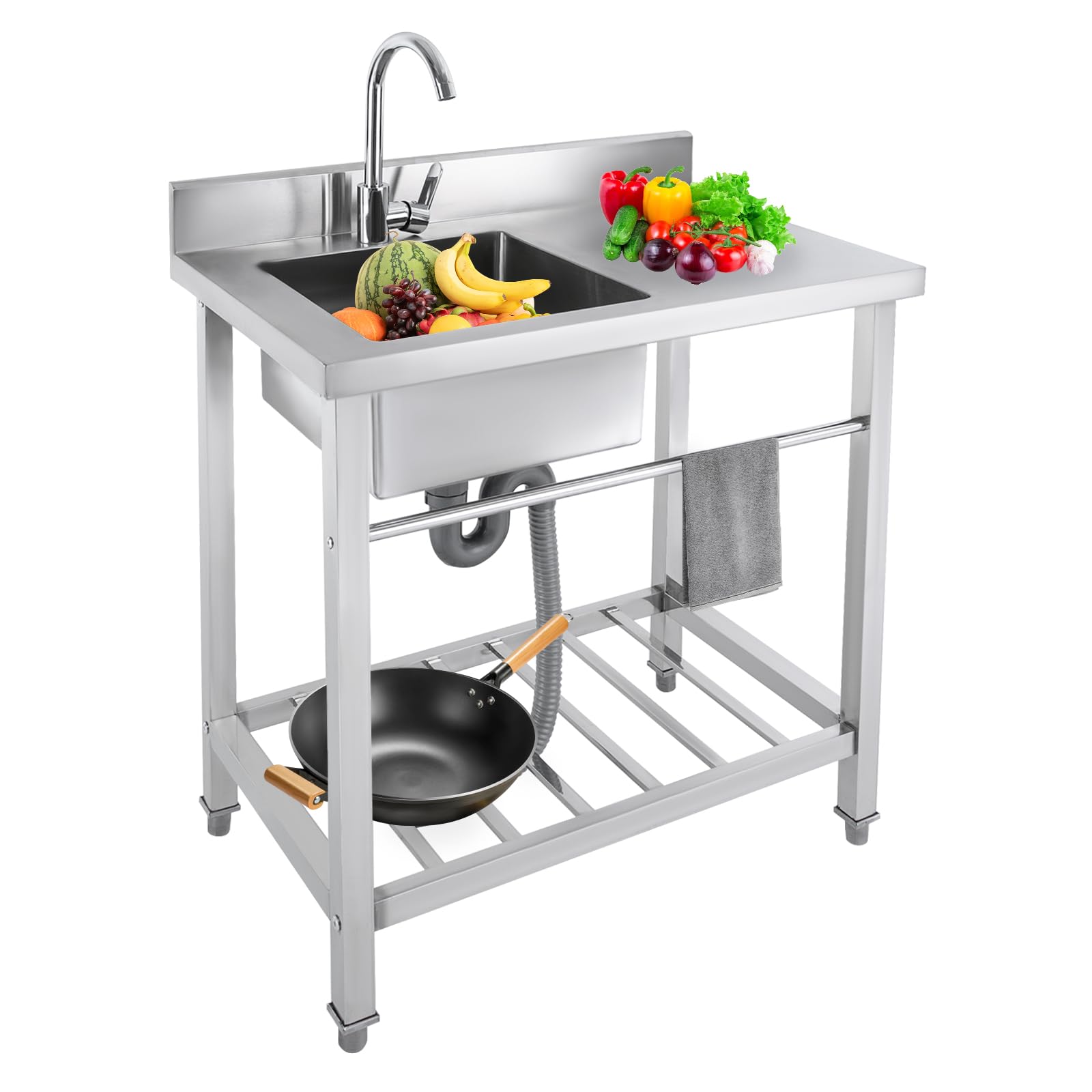 Évier Cuisine sur Pied Évier,Inox Autonome Professionnel avec Robinet Pivotant 360° Étagère et Dosseret Anti-Éclaboussures, Grande Capacité 100kg pour Jardin Garage Restaurant Camping