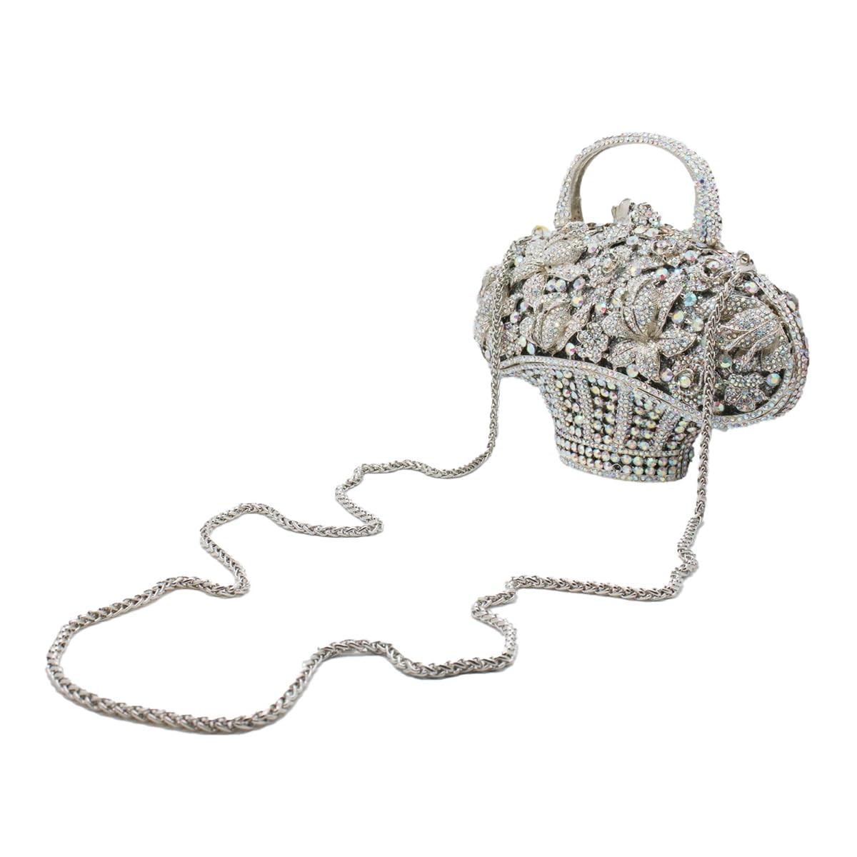DJBM Vintage Women Flower Basket Crystal Evening Clutch Diamond Floral Handbag Rhinestone Evening Bag for Wedding Party Prom, Silver