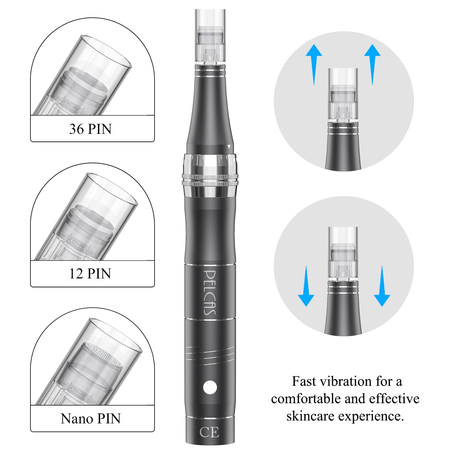 PELCAS Derma pen Elektrischer Mikroneedling Schönheit Pen Mikronadelstift Wiederaufladbar Verstellbar Länge mit 3 Geschwindigkeiten 12 Ersatzköpfe Tragbares Microneedling Gerät für Gesicht Haut Grau