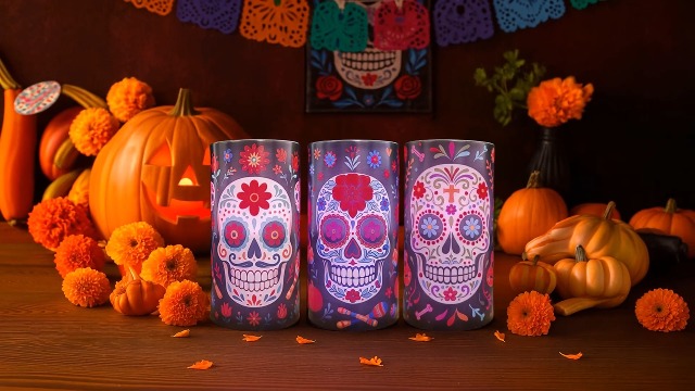 Image of Dia De Los Muertos Flameless Candles with Timer Remote 3 Pack | Halloween Flameless LED Candle Battery Operated Sugar Skull Day of The Dead Decoration