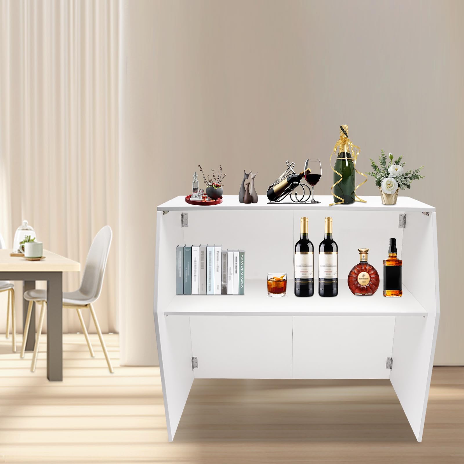 Macahimia Portable Folding Event Bar, Mobile Laminate Folding Bar for Parties, 47.75x19.5x42.75in 2-Tiers Freestanding Event Bar with Practical Latches, Space-Saving, Edge Banding, White