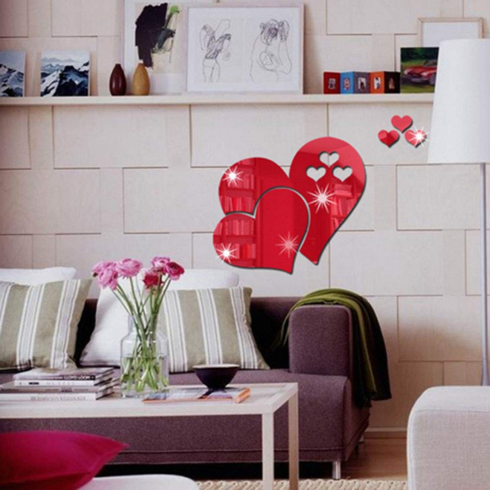 N+B Red 3D Removable Love Heart Mirror Wall Sticker Decal, Art Design Diy Wall Decals For Home (Red)